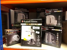 QUANTITY OF ITEMS TO INCLUDE RUSSELL HOBBS ELECTRIC 0.85L TRAVEL KETTLE, SMALL & COMPACT, DUAL VOLTAGE, IDEAL FOR ABROAD/CARAVAN/CAMPING, INC 2 CUPS & SPOONS, REMOVABLE WASHABLE ANTI-SCALE FILTER, WA