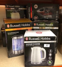 QUANTITY OF ITEMS TO INCLUDE RUSSELL HOBBS HONEYCOMB ELECTRIC 1.7L CORDLESS KETTLE (FAST BOIL 3KW, WHITE PREMIUM PLASTIC, MATT & HIGH GLOSS FINISH, REMOVABLE WASHABLE ANTI-SCALE FILTER, PUSH BUTTON L