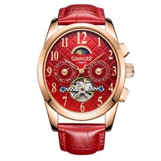 GAMAGES OF LONDON LIMITED EDITION HAND ASSEMBLED MUSE AUTOMATIC ROSE RED WATCH SKU:GA1833 RRP £805: LOCATION - TOP 50 RACK