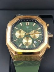 MENS LOUIS LACOMBE CHRONOGRAPH WATCH SUB DIALS GOLD COLOR CASE GREEN RUBBER STRAP GIFT BOX EST £375: LOCATION - TOP 50 RACK