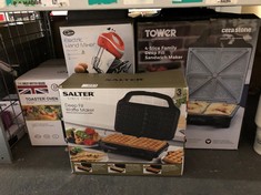 QUANTITY OF KITCHEN & APPLIANCES ITEMS TO INCLUDE SALTER EK2249 DEEP FILL WAFFLE MAKER – NON-STICK DUAL WAFFLE IRON, XL COOKING PLATES, AUTOMATIC TEMPERATURE CONTROL, BELGIAN & AMERICAN WAFFLE MACHIN