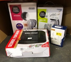 QUANTITY OF KITCHEN & APPLIANCES ITEMS TO INCLUDE GEORGE FOREMAN MEDIUM ELECTRIC FIT GRILL [NON STICK, HEALTHY, GRIDDLE, TOASTIE, HOT PLATE, PANINI, BBQ, ENERGY SAVING, VERTICAL STORAGE, EASY CLEAN,