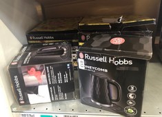 QUANTITY OF  ITEMS TO INCLUDE RUSSELL HOBBS HONEYCOMB ELECTRIC 1.7L CORDLESS KETTLE (FAST BOIL 3KW, BLACK PREMIUM PLASTIC, MATT & HIGH GLOSS FINISH, REMOVABLE WASHABLE ANTI-SCALE FILTER, PUSH BUTTON