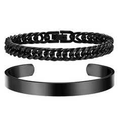 16 X XUANMAI MENS BRACELETS BLACK BRACELETS FOR MEN - 2 PCS CUBAN LINK CHAIN STAINLESS STEEL CUFF BANGLE MENS JEWELLERY GIFTS FOR DAD BOYFRIEND BRO HUSBAND BIRTHDAY ANNIVERSARY 8.5 INCHES - TOTAL RRP