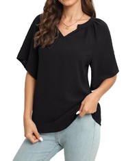 19 X BEIGAI WOMEN'S BLOUSES SUMMER ELEGANT CHIFFON TOPS CASUAL SLIM FIT V-NECK SHORT SLEEVES T-SHIRTS,BLACK,XL - TOTAL RRP £204: LOCATION - RACK D