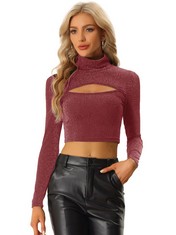 QUANTITY OF ADULT CLOTHES TO INCLUDE ALLEGRA K PARTY TEE FOR WOMEN LONG SLEEVE SLIM FIT MOCK NECK CUTOUT CROP TOPS RED L: LOCATION - RACK D