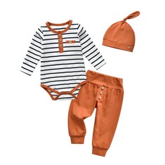 16 X NEWBORN BABY BOY CLOTHES STRIPE TRACKSUIT LONG SLEEVE TOPS + PANTS + HAT 3PCS CLOTHING SETS ORANGE?0 MONTHS? - TOTAL RRP £187: LOCATION - RACK D