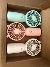 QUANTITY OF ASSORTED ITEMS TO INCLUDE CENSEN 3 PCS MINI HANDHELD FAN 2 AA BATTERY OPERATED PERSONAL FAN CUTE SMALL PORTABLE FANS HANDY DESK TABLE FAN FOR NECK COOLING SUMMER BEDROOM MAKEUP CAMPING TR