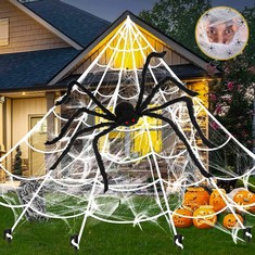 QUANTITY OF ASSORTED ITEMS TO INCLUDE 276" SPIDER WEBS HALLOWEEN DECORATIONS, 79" GIANT SPIDER SCARY FAKE SPIDER OUTDOOR YARD LAWN HOME CLEARANCE PARTY HAUNTED HOUSE DECOR: LOCATION - RACK A