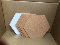 QUANTITY OF ASSORTED ITEMS TO INCLUDE WEEGY 10 PIECES LARGE HEXAGON CORK BOARD FOR WALLS, 30X26X0.6 CM HEXAGON CORK BOARD TILES SELF ADHESIVE WITH 200 PCS COLORFUL PUSH PINS FOR PICTURES, PHOTOS, NOT