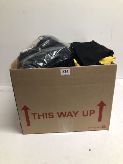 BOX OF ASSORTED CLOTHING IN VARIOUS SIZES AND DESIGNS