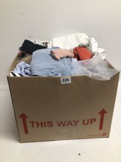 BOX OF ASSORTED CLOTHING IN VARIOUS SIZES AND DESIGNS