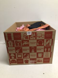 BOX OF ASSORTED CLOTHING IN VARIOUS SIZES AND DESIGNS