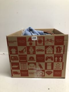 BOX OF ASSORTED CLOTHING IN VARIOUS SIZES AND DESIGNS