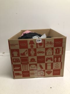 BOX OF ASSORTED CLOTHING IN VARIOUS SIZES AND DESIGNS