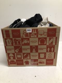 BOX OF ASSORTED CLOTHING IN VARIOUS SIZES AND DESIGNS