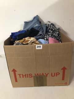 BOX OF ASSORTED CLOTHING IN VARIOUS SIZES AND DESIGNS