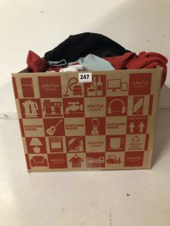 BOX OF ASSORTED CLOTHING IN VARIOUS SIZES AND DESIGNS