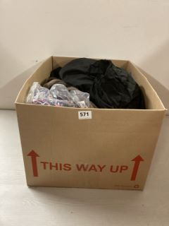 BOX OF ASSORTED CLOTHING IN VARIOUS SIZES AND DESIGNS