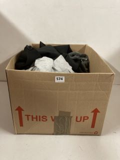 BOX OF ASSORTED CLOTHING IN VARIOUS SIZES AND DESIGNS