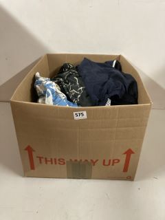 BOX OF ASSORTED CLOTHING IN VARIOUS SIZES AND DESIGNS