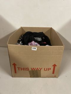 BOX OF ASSORTED CLOTHING IN VARIOUS SIZES AND DESIGNS