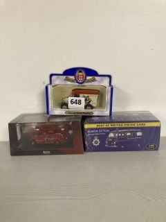 3 X ASSORTED VINTAGE COLLECTABLE METAL CARS TO INCLUDE BEST OF BRITISH POLICE CARS AUSTIN 2 VAN