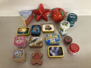 QTY OF ASSORTED COLLECTABLE METAL TINS TO INCLUDE GINGER BREAD MAN