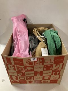 BOX OF ASSORTED CLOTHING IN VARIOUS SIZES AND DESIGNS