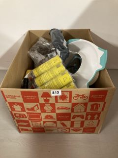 BOX OF ASSORTED ITEMS INCL. SUPERFINE GAS CANS