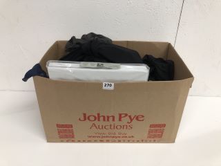 BOX OF ASSORTED ITEMS INC CLOTHES, PLEAT LININGS