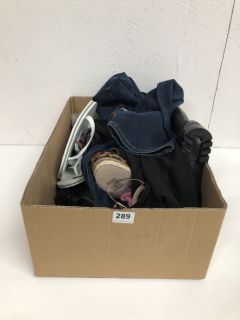 BOX OF ASSORTED CLOTHES INC TROUSERS, SHOES