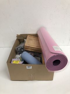 BOX OF ASSORTED ITEMS INC YOGA MAT, WATER BOTTLE