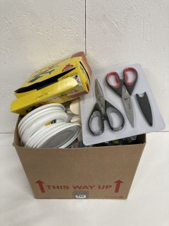 BOX OF ASSORTED ITEMS INC SCISSORS, SEALANT