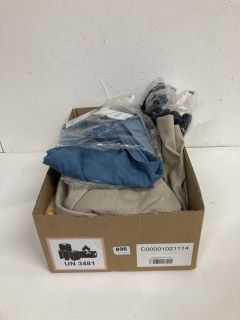 BOX OF ASSORTED DESIGNER CLOTHING IN VARIOUS SIZES & DESIGNS