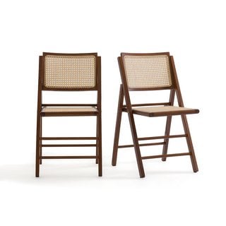 PAIR OF LA REDOUTE FOLDING DINING CHAIRS IN WALNUT AND NATURAL CANE: LOCATION - BR5