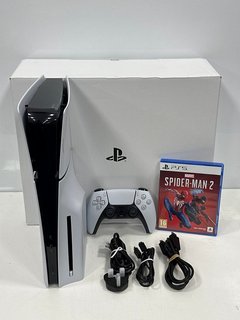 SONY PLAYSTATION 5 (SLIM) 1TB GAMES CONSOLE IN WHITE: MODEL NO CFI-2016 (WITH BOX (MISSING SLEEVE) AND ALL ACCESSORIES TO INCLUDE SPIDERMAN 2 GAME, SOME SLIGHT COSMETIC MARKS ON CASING) [JPTM121260]