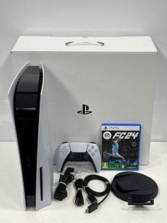 SONY PLAYSTATION 5 825 GB GAMES CONSOLE IN WHITE: MODEL NO CFI-1216A (WITH BOX (MISSING SLEEVE) AND ALL ACCESSORIES TO INCLUDE FC24 GAME, SOME SLIGHT COSMETIC MARKS ON CASING) [JPTM121344] THIS PRODU