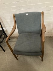 DARK DENIM BLUE ARMCHAIR WITH DARK WOODEN ARMS