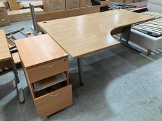 CURVED NATURAL WOODEN OFFICE DESK TO INCLUDE 3 DRAWER FILING CABINET