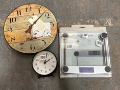 QTY OF ASSORTED JOHN LEWIS HOUSEHOLD ITEMS TO INCLUDE GLASS SCALES TO INCLUDE BASIC NEWGATE BATTERY POWERED BEDSIDE CLOCK