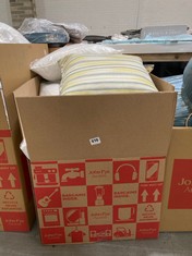 BOX OF ASSORTED JOHN LEWIS CUSHIONS TO INCLUDE SMALL SQUARE CUSHION IN YELLOW / WHITE / GREEN STRIPE PRINT