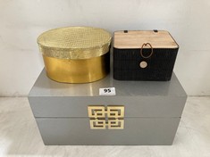 OVAL STORAGE BOX IN GOLD TO INLCUDE WOODEN STORAGE BOX IN BLACK / NATURAL TO INCLUDE RECTANGULAR STORAGE BOX WITH GOLD DETAIL IN GREY