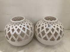 2 X CERAMIC DIAMOND-PIERCED LATTICE VASE IN WHITE