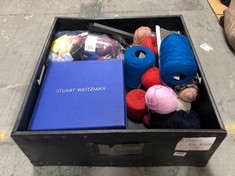 BOX OF ASSORTED ITEMS TO INCLUDE CHICKEN YARN BLUE WOOL YARN