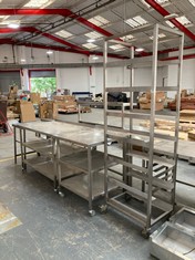 STAINLESS STEEL RACK / TRAY / PAN BAKERY TROLLEY TO INCLUDE 3 X STAINLESS STEEL BAKERY / FOOD WORK STATIONS (KERBSIDE PALLET DELIVERY)