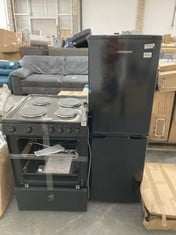 COOKOLOGY FREESTANDING FRIDGE FREEZER IN BLACK - MODEL NO. CFF1425050 - RRP £310 (PALLET 23) AND COOKOLOGY SOLID PLATE COOKER IN BLACK - MODEL NO. CFSP600BK - RRP £280 (PALLET 23) (KERBSIDE PALLET DE