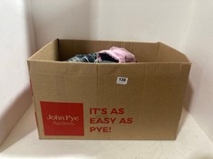 BOX OF ASSORTED ADULT CLOTHING TO INCLUDE VEIKENO JEANS DISTRESSED DENIM JACKET SIZE M