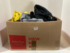 BOX OF ASSORTED ADULT CLOTHING TO INCLUDE GILDAN HOODIE BLACK WITH HAPPY HARDCORE LOGO SIZE 2XL