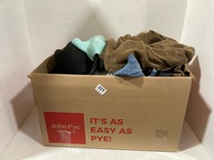 BOX OF ASSORTED ADULT CLOTHING TO INCLUDE JOS.A.BANK BROWN CORD TROUSERS SIZE W36/L32